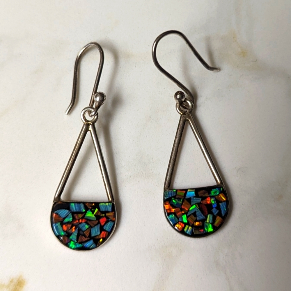 Silver and Opal Drop Earrings, blue orange and green